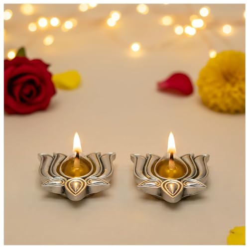 Image of 999 Pure Silver Plated Lotus Diyas for Pooja - Set of 2, Handcrafted Silver Diya for Puja & Spiritual Gifting for Home Decor
