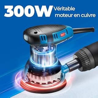 DongCheng Ponceuse excentrique 300 W, 125 mm, 6 vitesses, 4000-12000 tr/min avec dépoussiéreur et 10 types de papier de verre, Ponceuse orbitale aléatoire, idéale pour les travaux de bricolage