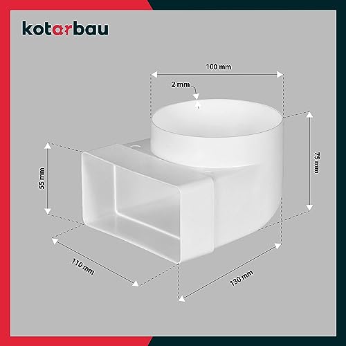 KOTARBAU® Umlenkstück 90° für Lüftungskanal 110 x 55 mm Kunststoff Übergangsstück Ø 100 mm Weiß Kanalverbinder Kanalbogen Abluft Zuluft Winkel Luftkanal Verbindungsstück für Flachkanal Rund-eckig