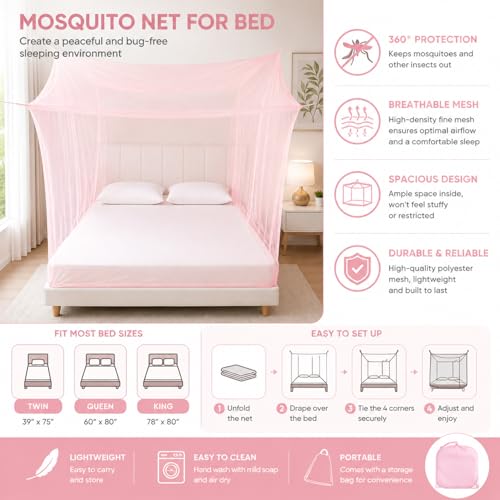Image of BENAVJI Foldable Machardani Single Bed | Pure Cotton Mosquito net (Pink, 3.5FT X 6FT) | Strong, Breathable, Lightweight, Portable & Ideal for Daily Usage | Full Protection for Home & Travel