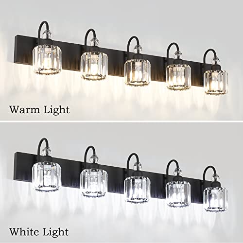 Image of Ralbay Modern Crystal Black 5-Light Bathroom Vanity Light, Matte Black Crystal Bath Wall Light Fixtures