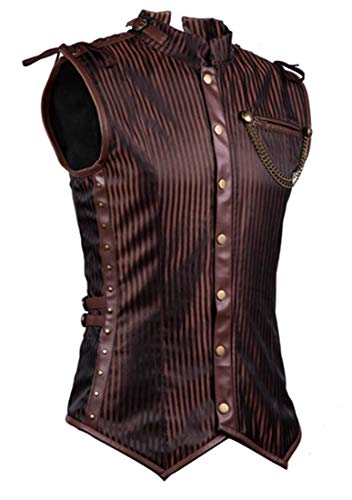 Charmian Men's Spiral Steel Boned Victorian Steampunk Gothic Retro Stripe Waistcoat Vest with Chain Brown XX-Large
