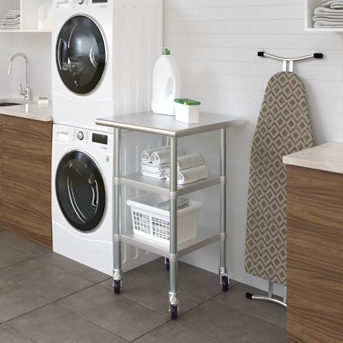 Image of AmGood Stainless Steel Work Table with 2 Shelves and Casters | Metal Utility Table On Wheels (Stainless Steel Work Table with 2 Shelves + Casters, 24 inch Long x 24 inch Deep)