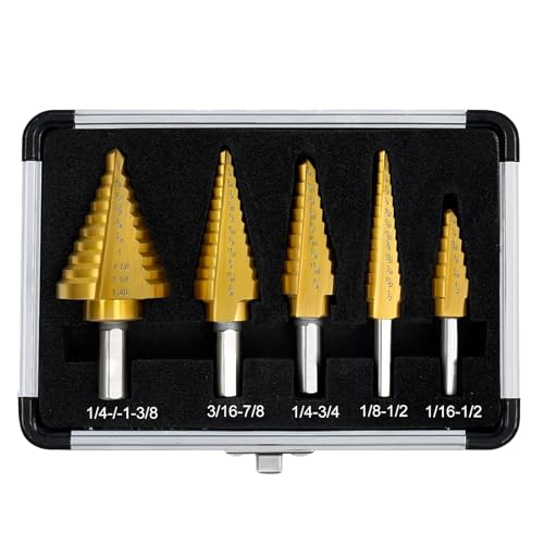 GREATRICH 5 Piezas Broca Escalonada para Metal, Broca Conica de HSS de Titanio (5 – 13 mm, 3 – 13 mm, 6 – 19 mm, 5 – 22 mm, 6 – 35 mm), para Aluminio, Madera, Fresas con Estuche de Aluminio