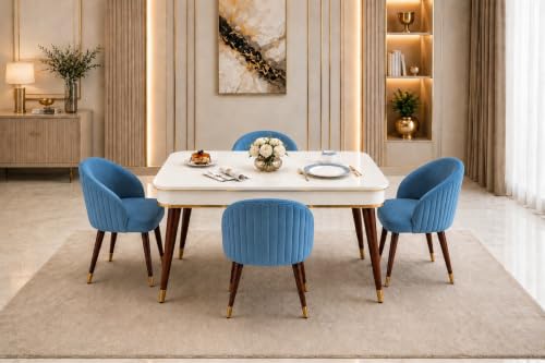 Image of WOODEN SPACE 4 Seater Wooden Dining Table Set | Urban Marble Top Dining Table with Chairs for Dining Room & Kitchen (Majestic Classic Backline Blue) (42 x 42 x 30 inch)