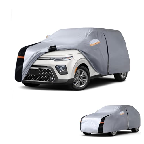 Image of Multi-Layer Car Cover Custom Fit for Kia Soul(2009-2026), 100% Waterproof All Weather for Automobiles, Gift with Towel, Heavy Duty Car Covers for Rain Sun UV Protection with Door Zipper