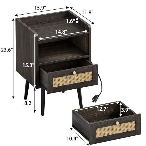 Image of MECHYIN Night Stand Set 2, Nightstands Set of 2 with Charging Station, Rattan Side Tables with Solid Wood Legs, Boho Bedside End Table for Apartment Bedroom Dorm Small Space