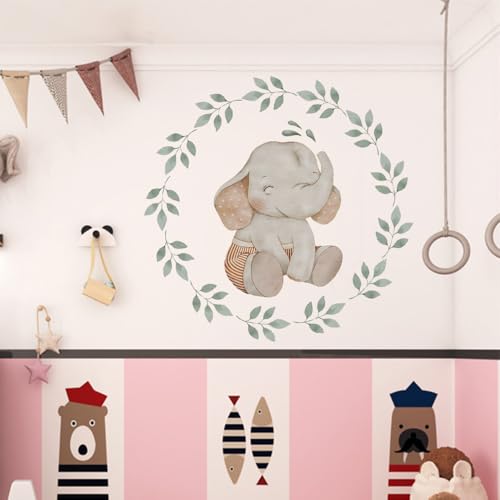 Image of Baby Elephant Leaf Wreath Wall Sticker for Nursery - Large 48x48 cm Watercolour Elephant Botanical Wreath Wall Decal Peel and Stick Wall Art Above Cot Baby Bedroom