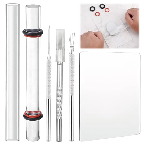6 Pcs Polymer Clay Tools Kit 2 Acrylic Rollers with Acrylic Board Seven Book Stitches Detail Needle for Molding and Sculpting Tools Used for Shaping DIY Crafts and Reshaping Clay