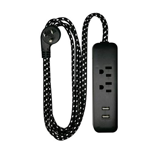 Clear Power 6 ft 2 Outlet + USB Charger Indoor Flat Plug Extension Cord 16/3 SPT-2, 3 Prong Grounded Plug (Black)