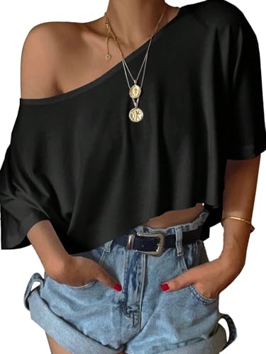 SOFIA'S CHOICE Women's Off Shoulder Crop Tops Loose Boat Neck