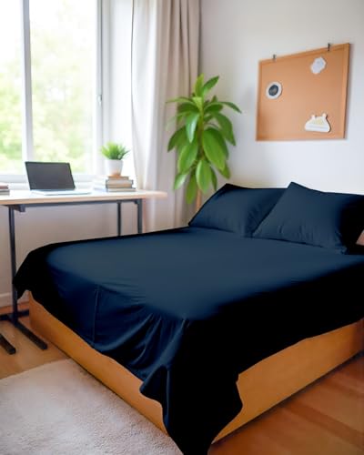 Image of Microfiber Single Size Bedsheet with 2 Pillow Covers | Ultra Soft & Breathable Flat Sheet | Wrinkle-Resistant, Premium Comfort for Everyday Use |Size (60 inch x 90 inch) Navy Blue