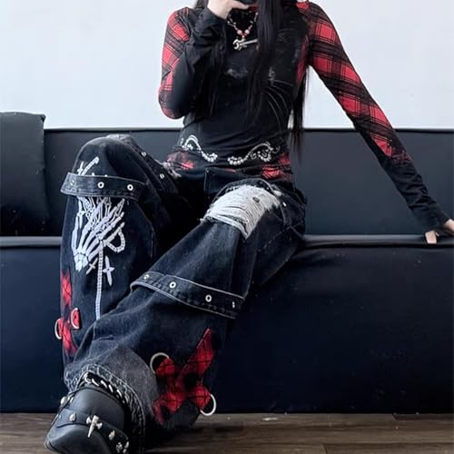 Harajuku Gothic High Waisted Straight Leg Jeans Y2K Vintage Lattice Fringe Ripped Embroidered Denim Pants4