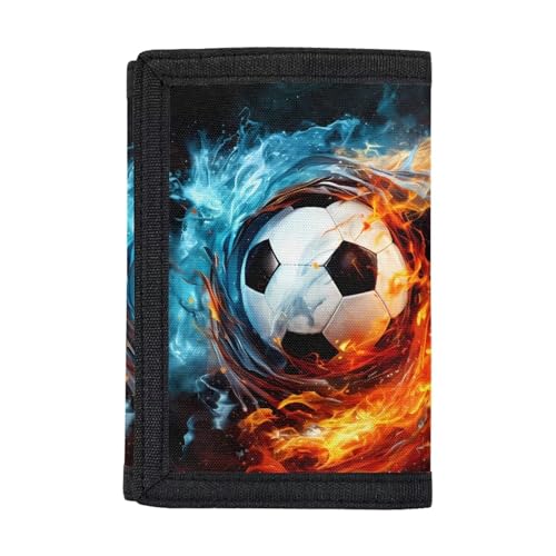 INSTANTARTS Soccer Ball Canvas Wallet for Boys Water and Fire are Immiscible Tri-fold Money Bag Portable Clutch Coin Purse Coin Storage Bag