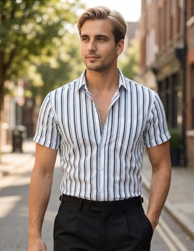 Image of Afflatus Men's Striped Half Sleeve Cotton Shirt | Slim Fit Casual Summer Shirt for Men | Lightweight Breathable Button-Down Shirt for Office and Travel