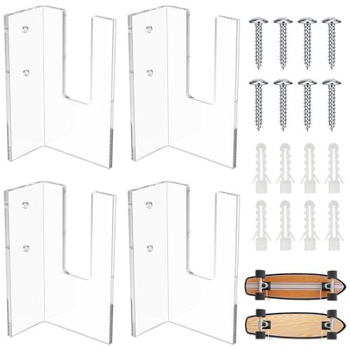 LZVXTYM 4Pcs Acrylic Skateboard Wall Stand, Transparent Mounts Skateboard Deck Wall Hanger, Premium Skateboard Wall Mount Display Holder, Skateboard Storage Rack, Skateboard Bracket