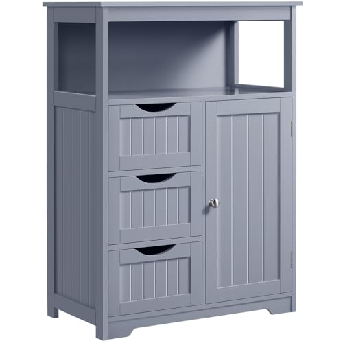 Yaheetech Badezimmerschrank, Hochschrank mit 3 Schubladen und Offenem Regal, Kommode für Badezimmer/Wohnzimmer/Küche, 66 × 35 × 90 cm, Grau