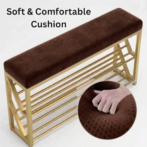 Image of Entryway Shoe Rack with Cushioned Seat, Shoe Bench for Entry, 2 Shelves Storage Bed Bench