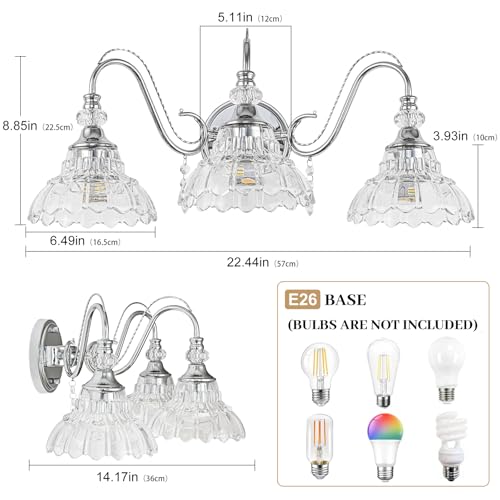 Image of Brushed Chrome Bathroom Vanity Light, 3-Light Chrome Finish Wall Sconce with Hanging Crystal Accents and Flower-Shaped Clear Glass Shades, Modern Wall Mount Vanity Light Over Mirror for Bathroom
