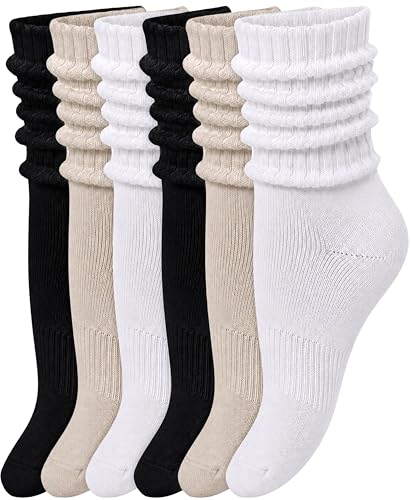 Image of Winterlace Womens Slouch Socks, 6 Pairs Cotton Scrunch Ribbed Crew Socks Soft Retro 80s Slouchy Calf Boot Sock