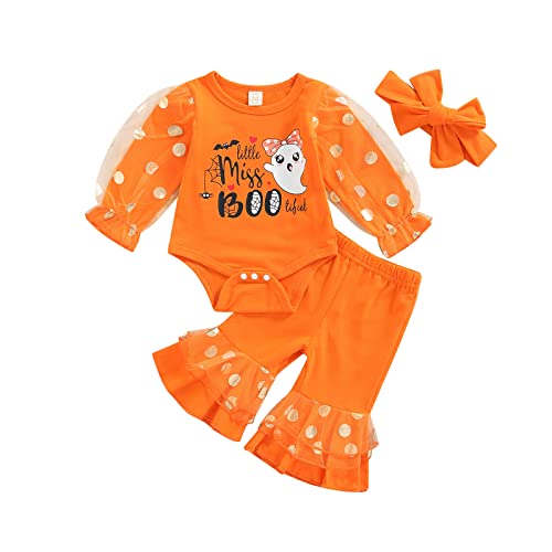JLKGICF Halloween Baby Girls Outfits Mesh Polka Dots Romper Top Ruffle Flared Pants Infant Fall Outfit Cute Halloween Clothes (Halloween Orange,0-3 Months)