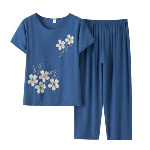 Image of FindThy Women's 2 Piece Linen Outfits Short Sleeve Floral Print Lounge Sets Crewneck Summer Suits