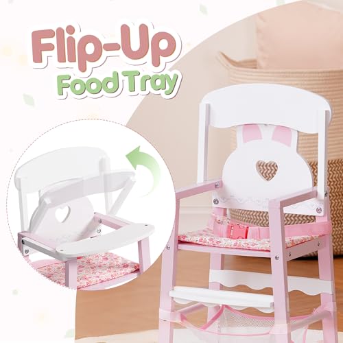 ROBUD Puppenstuhl aus Holz – Hochstuhl für Puppen mit Sicherheitsgurt, Teller & Zubehör – Puppenmöbel zum Rollenspiel für Kinder ab 3 Jahren