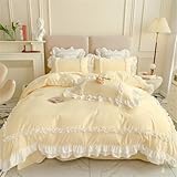 Chic Lace Bedding,Girls Twin Aesthetic Comforter Cover Set,Cute Princess Style Ruffled Duvet Cover with 2 Layers Ruffles, Zipper Closure-Yellow,Twin