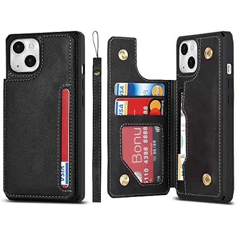 Zouzt for iPhone 14 Wallet Case with Card Holder Hand Strap Premium PU Leather Case Kickstand,Double Magnetic Clasp Durable Shockproof Phone Back Cover Black Cover