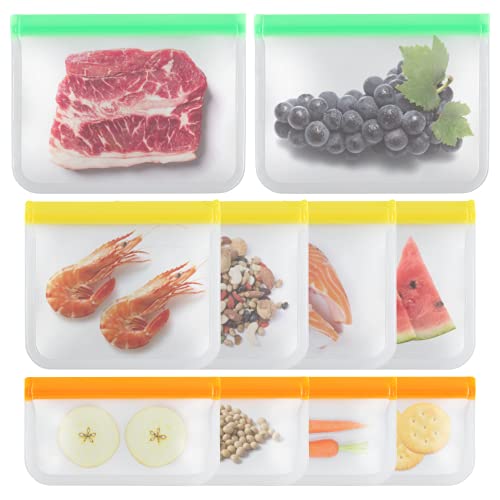 QIIXNN Reusable Food Storage Bags, 10 Packs BPA Free Freezer Bags(2 Reusable Gallon Bags, 4 Reusable Sandwich Bags, 4 Reusable Snack Bags)Extra Thick Flat Freezer Bags Leakproof Lunch Bags multicolor