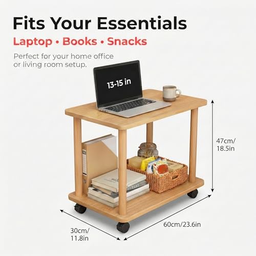 Rolling Sofa Side Table, 2-Tier Small End Table, Easy Assembly Wood Overbed Table with Wheels, Storage Table for Record Player, Laptop, Rustic Mobile Snack Coffee Table for Living Room (Wooden)