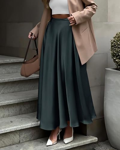 DERAX Women's Fall Elegant Satin Flowy Maxi Skirts High Waisted Cocktail Formal Night Out A-Line Long Skirt with Pocket2
