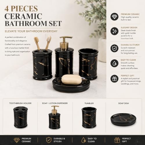 Image of Whizzo Ceramic Bathroom Set - Italian 4 Piece Bath Accessories Set with Soap Dispenser, Toothbrush Holder, Tumbler & Soap Dish - Modern & Designer Decor for Home & Guest Bathrooms (BS-822-BLACK)