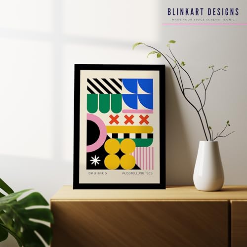 Image of BLINKART Vintage Bauhaus Retro Geometric Aesthetic Poster Gallery | Colorful Wrap Framed For Home Office Studio Living Room Modern Art Studio Decoration Abstract Shapes | (d161) | 13x10 Inch