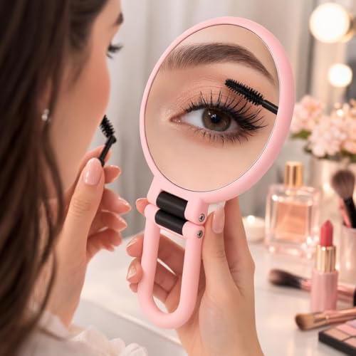 Image of Plastic 1x 15x Magnifying Handheld Square Hand Mirror, Travel Folding Hand Held Mirror, Double Sided Pedestal Magnification and True Image Makeup Mirror for Women with Adjustable Handle, Pink