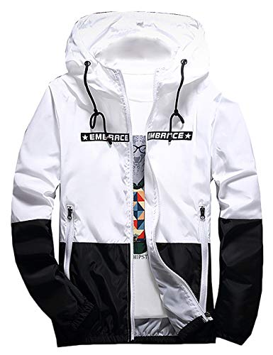 Rexcyril Men's Windbreaker Hooded Jacket Lightweight Casual Zip-up Bomber Coat Letter Outwear White Medium
