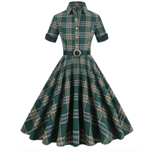 Blaues Kariertes Vintage-Hemdkleid mit Knöpfen und Gürtel für Damen, Sommer, Frühling, Baumwolle, Tunika, Elegante Damen-Midi-Swing-Kleider,...