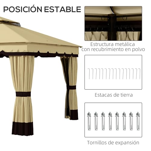 Outsunny Cenador de Jardín 3,7x3 m Gazebo de Exterior con 4 Paredes Laterales 4 Mosquiteras Doble Techo Impermeable y Anti-UV para Terraza Patio Playa Beige - imagen 6
