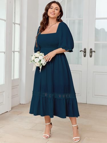 Image of SCOMCHIC Women's Plus Size Boho Maxi Dress Short Sleeve Square Neck Smocked Flowy A-Line Lace Trim Wedding Guest Dresses