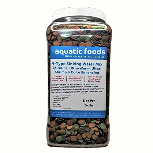 Aquatic Foods Inc. 4-Type Ultra Mix of 12mm - 1/2'' Wafers, Spirulina-Algae 6-Type Worm 10-Type Shrimp Wafer, Intense Color Enhancing Wafers. Plecos, Shrimp, Snails, All Tropical Fish..5-lb Jar