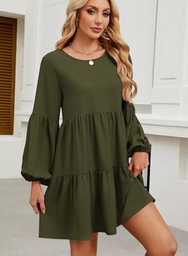 Image of QACOHU Falll Dresses for Women 2026 Crew Neck Long Lantern Sleeve Casual Loose Flowy Swing Shift Dress