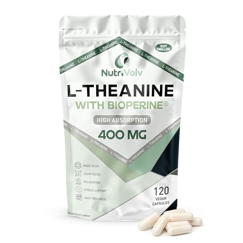 L-Theanine 400mg with BioPerine | 120 Vegan Capsules | High Absorption & Bioavailablity L Theanine | Enhanced Sleep at Night | Boost Focus & Relieve Stress | 4 Months Supply | UK Made | by NutriVolv