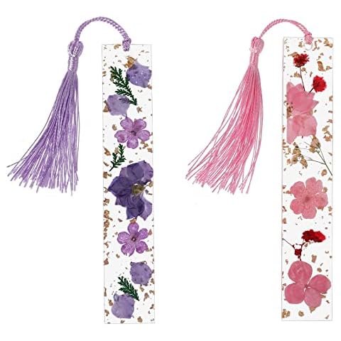 cobee Harz Getrocknete Blumen Lesezeichen, 2 Stück Transparente Gepresste Blumen Lesezeichen Handgemachte Blumenseitenmarkierung mit Quaste Nettes Lesezeichen für Frauen Kinder (Lila + Rot) Cover