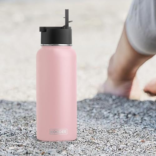 Image of Koodee Water Bottle with Straw 32 oz Stainless Steel Double Wall Vacuum Insulated Wide Mouth Water Flask-Reusable Metal Sports Water Bottle for Women (Light Pink)