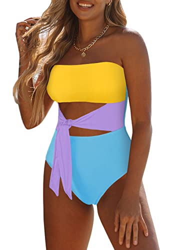 Image of Viottiset Women's Bandeau One Piece Swimsuit Strapless Tie High Cut Out Bathing Suit