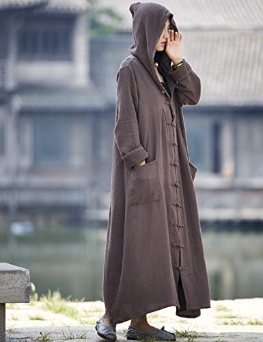 Women's Long Trench Coat Cotton Linen Hoodie Jacket Chinese Style Outwear with Pockets4