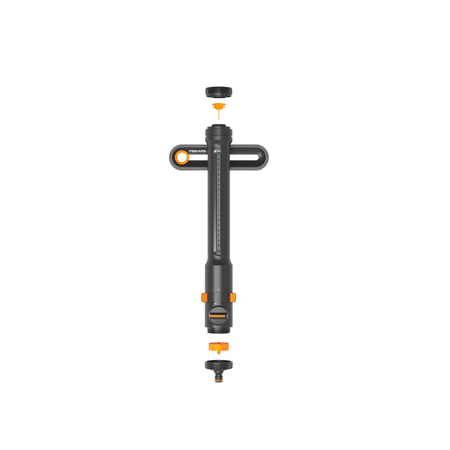 Fiskars Comfort Aspersor oscilante S-L | Aspersor para áreas de 300-500 m², Negro/naranja, 1070833