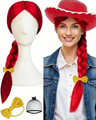 ANOGOL Wig Cap+Yellow Bowtie+ Red Braided Pigtail Wig Long Red Braided Ponytail for Women Braids Reddish Cowgirl Cosplay Wigs Straight Reddish Wigs with Braid Movie Character Pigtail for Halloween