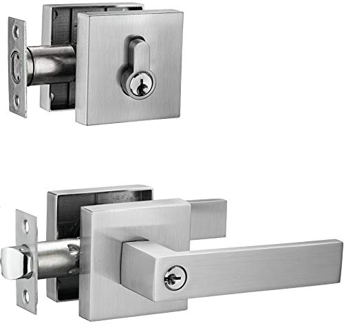 Berlin Modisch 296 Contemporary Square Entry Lever Door Handle And Single Cylinder Deadbolt Locking Lever Handle Set [Front Door Or Office] Right & Left Sided Doors Heavy Duty cover