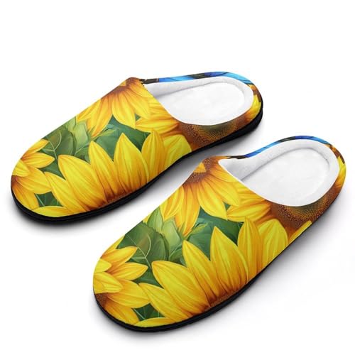 Sunflower Blue Butterfly Women's Cotton Slippers Indoor Outdoor Slip-on Warm House Shoes with Anti-Skid Rubber Sole
